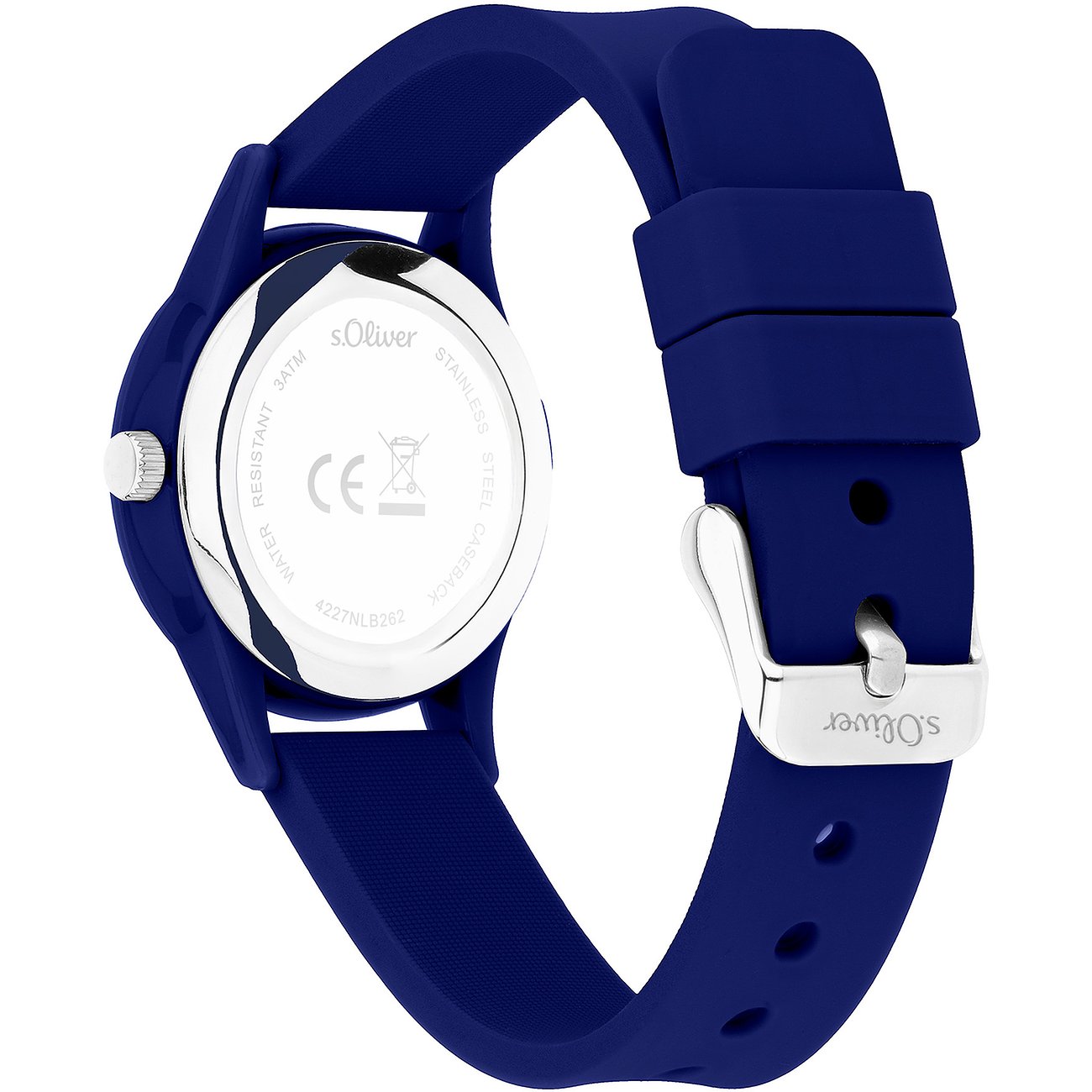 Rückseite einer s.Oliver Damenuhr mit blauem Kunststoffarmband und silberfarbenen Metallschnalle.