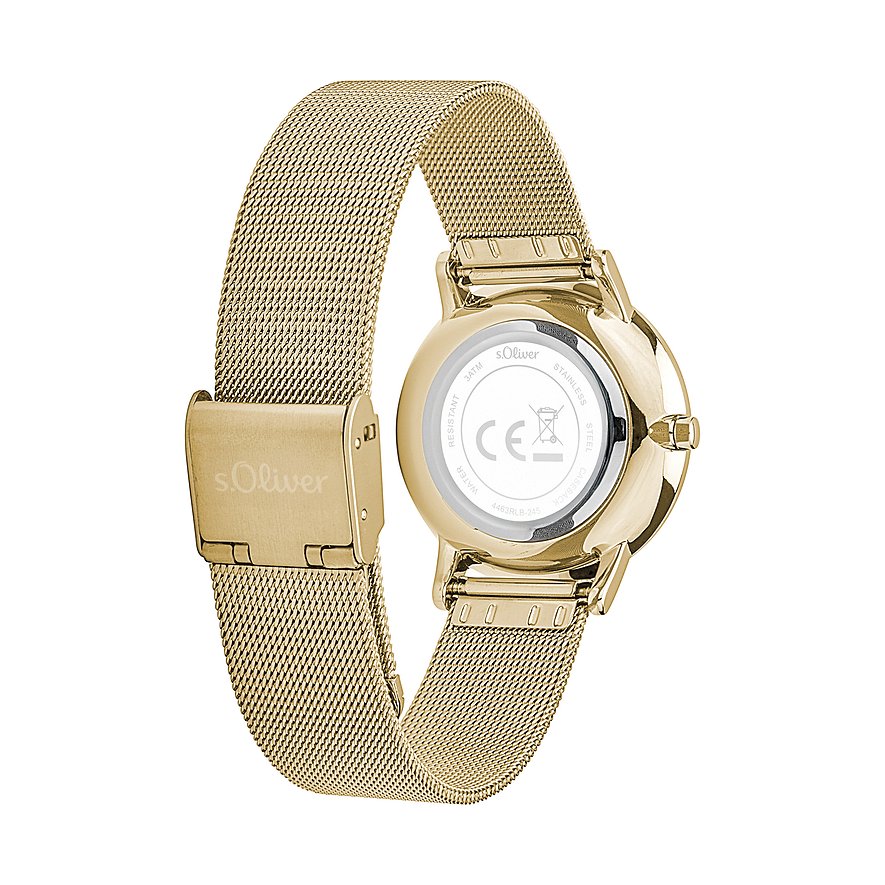 Rückseite einer goldenen s.Oliver Damenuhr aus Metall mit einem Milanese-Armband und einer s.Oliver gravierten Schließe.