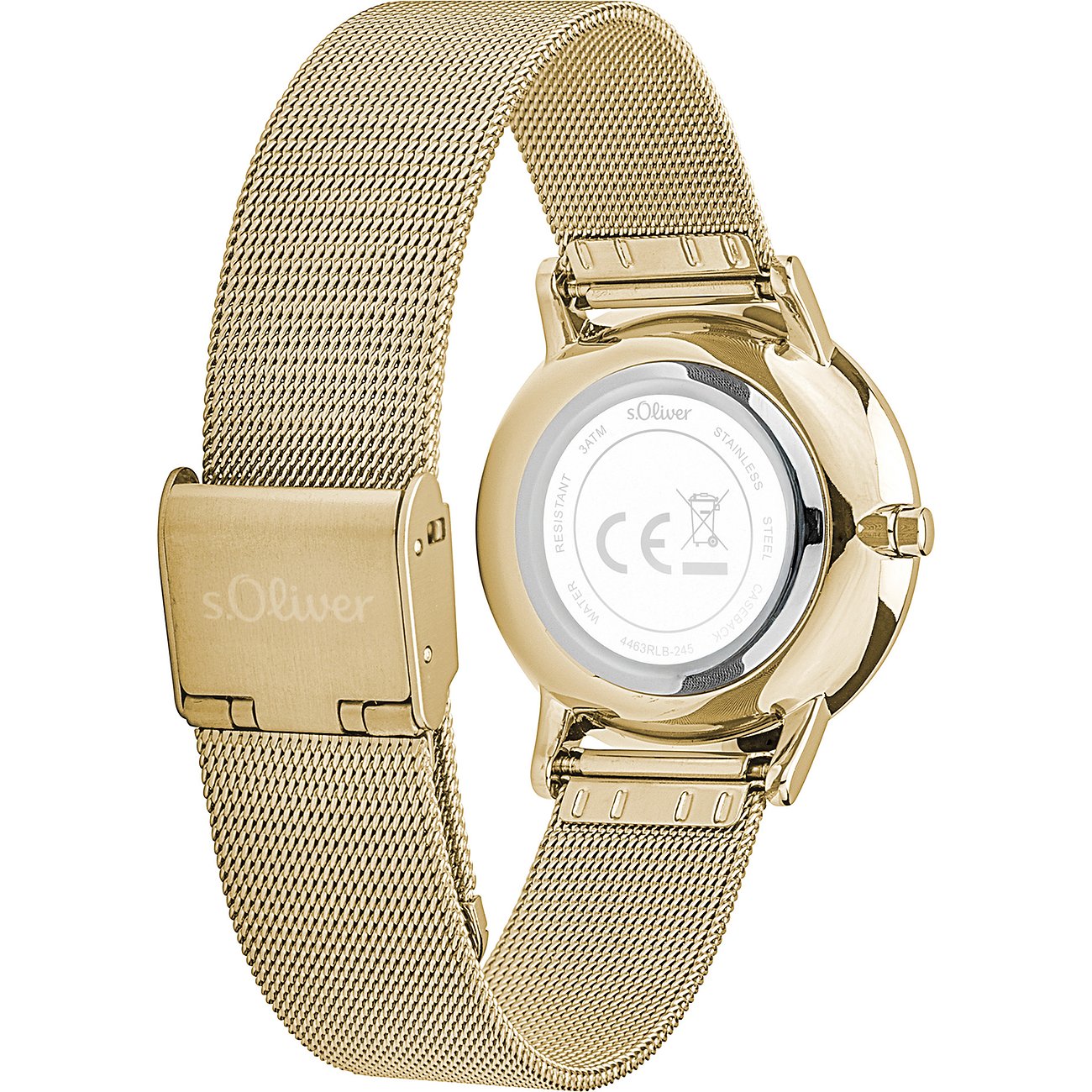 Rückseite einer goldenen s.Oliver Damenuhr aus Metall mit einem Milanese-Armband und einer s.Oliver gravierten Schließe.