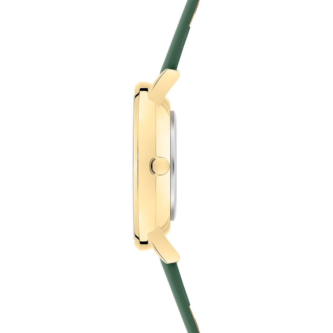 Seitenansicht der s.Oliver Damenuhr aus goldfarbenem Metall mit grünem Armband auf weißem Hintergrund.