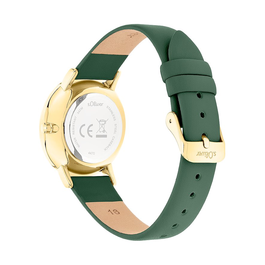 Rückansicht der s.Oliver Damenuhr aus goldfarbenem Metall mit grünem Armband auf weißem Hintergrund.