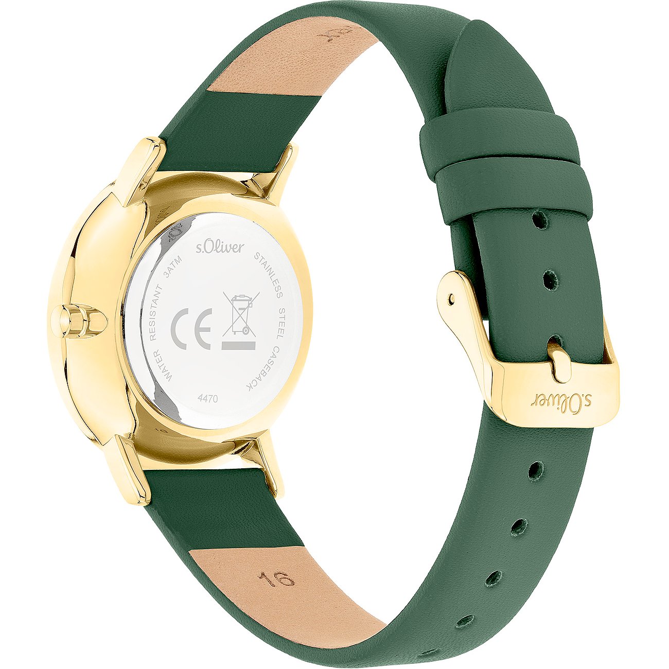Rückansicht der s.Oliver Damenuhr aus goldfarbenem Metall mit grünem Armband auf weißem Hintergrund.