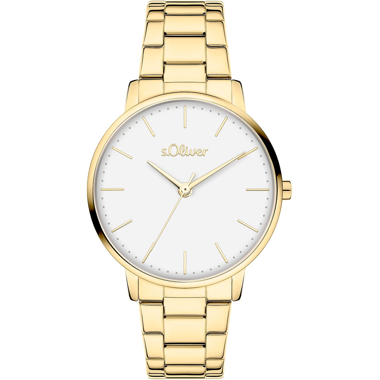 Orologio da donna s.Oliver in metallo color oro, vista frontale, con quadrante bianco e indici sottili.