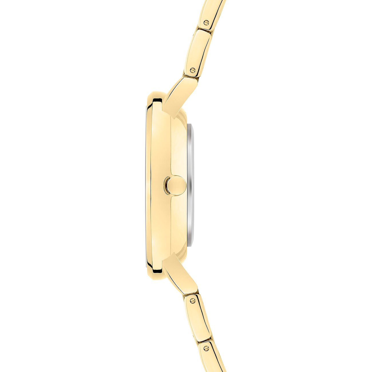 Vista laterale dell'orologio da donna s.Oliver in metallo color oro, che mostra il profilo sottile della cassa.