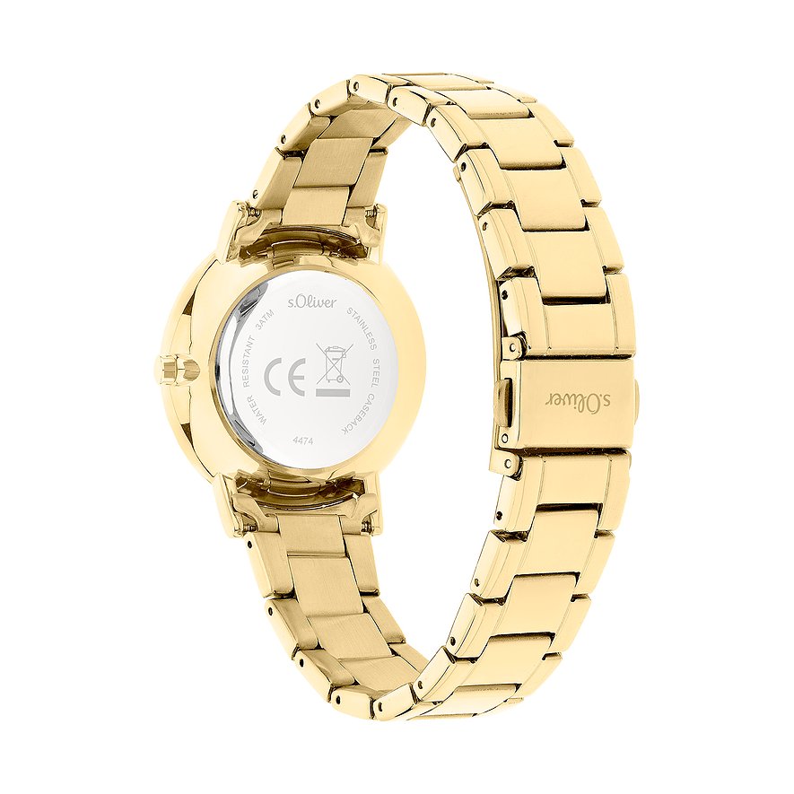 Vista posteriore di un orologio da donna s.Oliver in metallo color oro con incisioni visibili sul fondello.