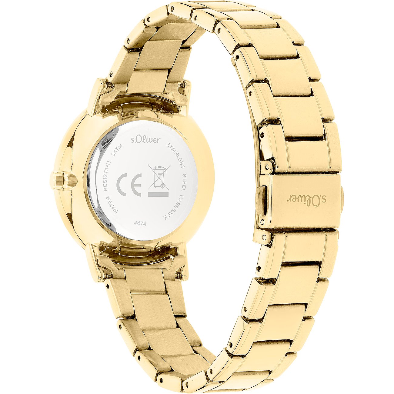 Vista posteriore di un orologio da donna s.Oliver in metallo color oro con incisioni visibili sul fondello.