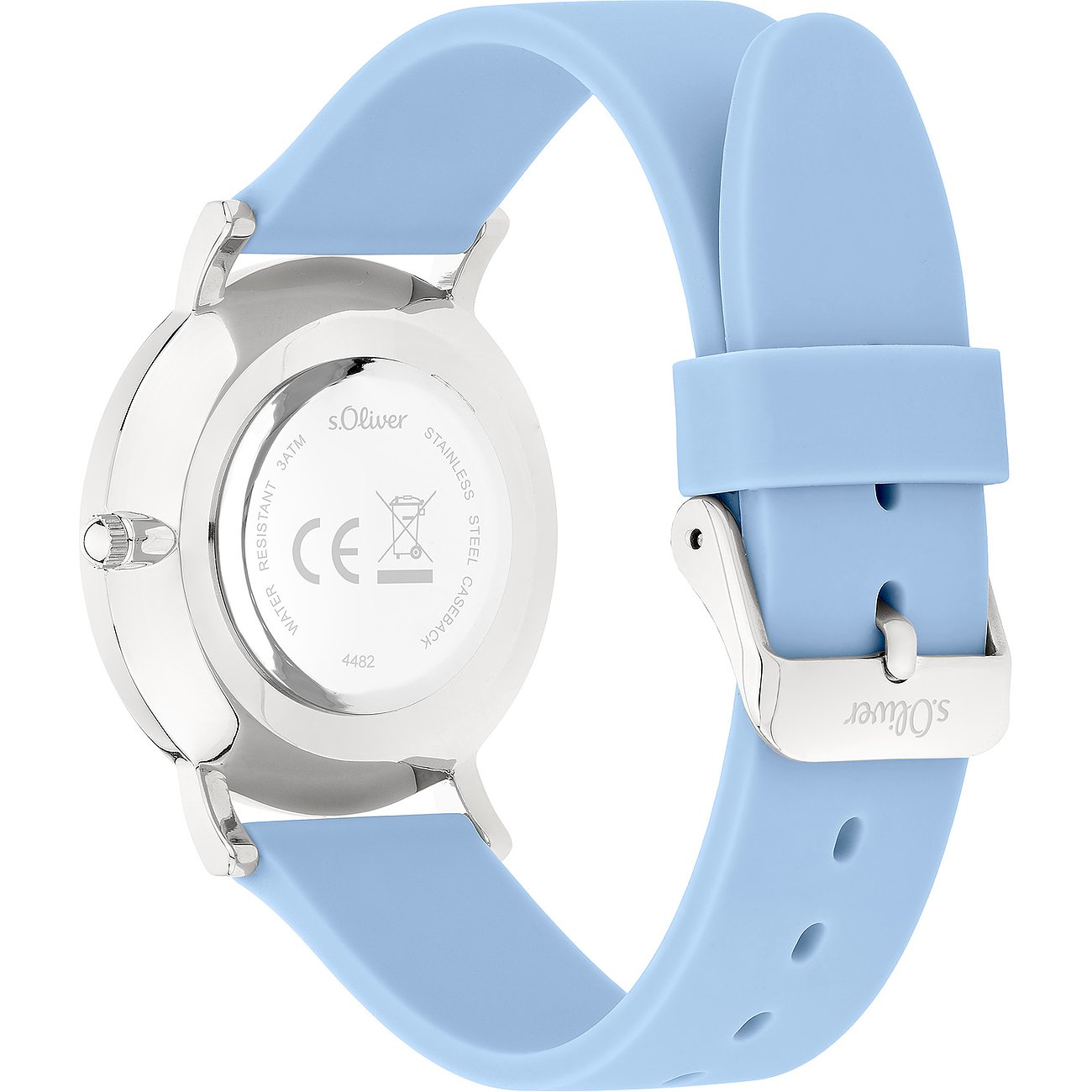 Vue arrière de la montre femme s.Oliver en métal, bracelet bleu clair et logo s.Oliver gravé.