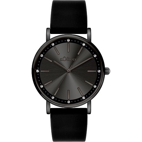 s.Oliver Damenuhr aus schwarzem Metall mit schwarzem Zifferblatt und Zirkonia als Indizes.