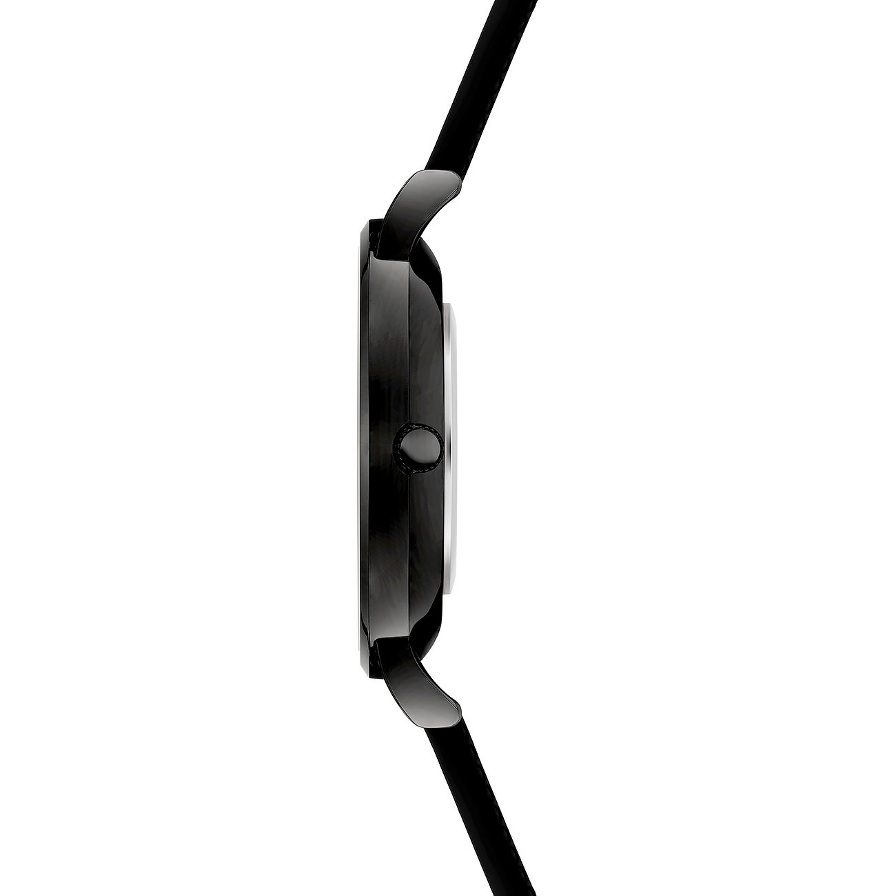 Seitenansicht einer s.Oliver Damenuhr aus schwarzem Metall mit schwarzem Armband und Zirkonia.