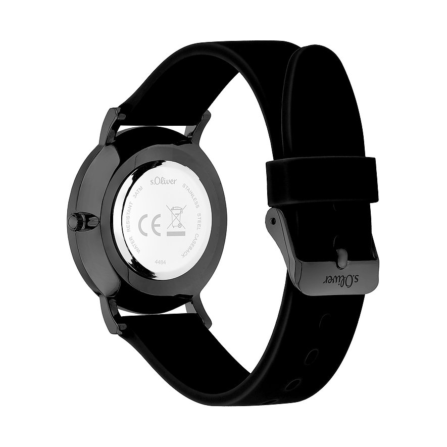 Rückansicht der s.Oliver Damenuhr aus schwarzem Metall mit schwarzem Armband und graviertem s.Oliver Logo.