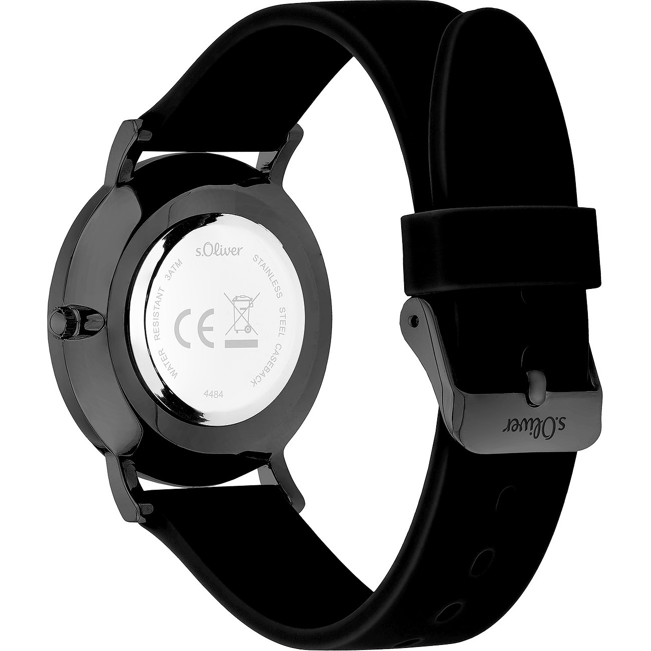 Rückansicht der s.Oliver Damenuhr aus schwarzem Metall mit schwarzem Armband und graviertem s.Oliver Logo.