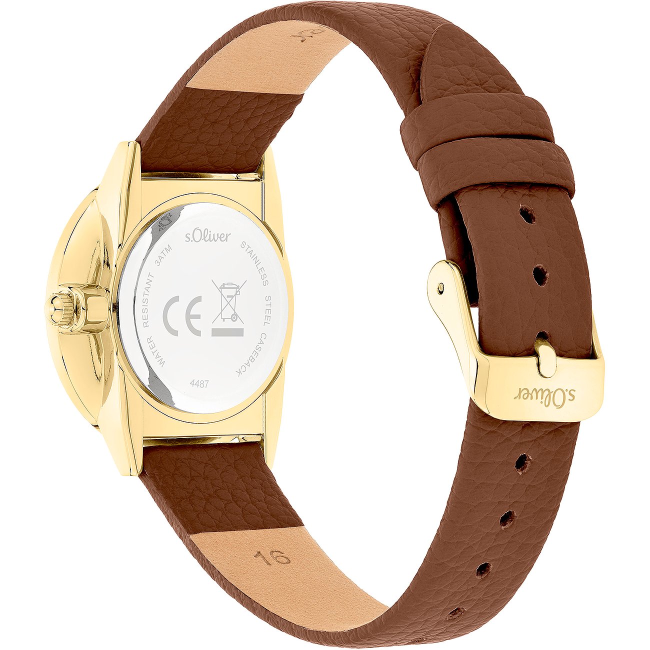 Rückansicht der s.Oliver Damenuhr aus goldfarbenem Metall mit braunem Lederarmband und Dornschließe.