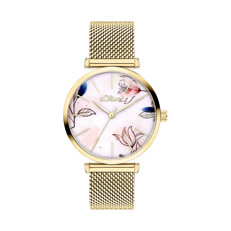 Montre femme s.Oliver en métal doré, motif floral sur cadran blanc et bracelet maille milanaise.