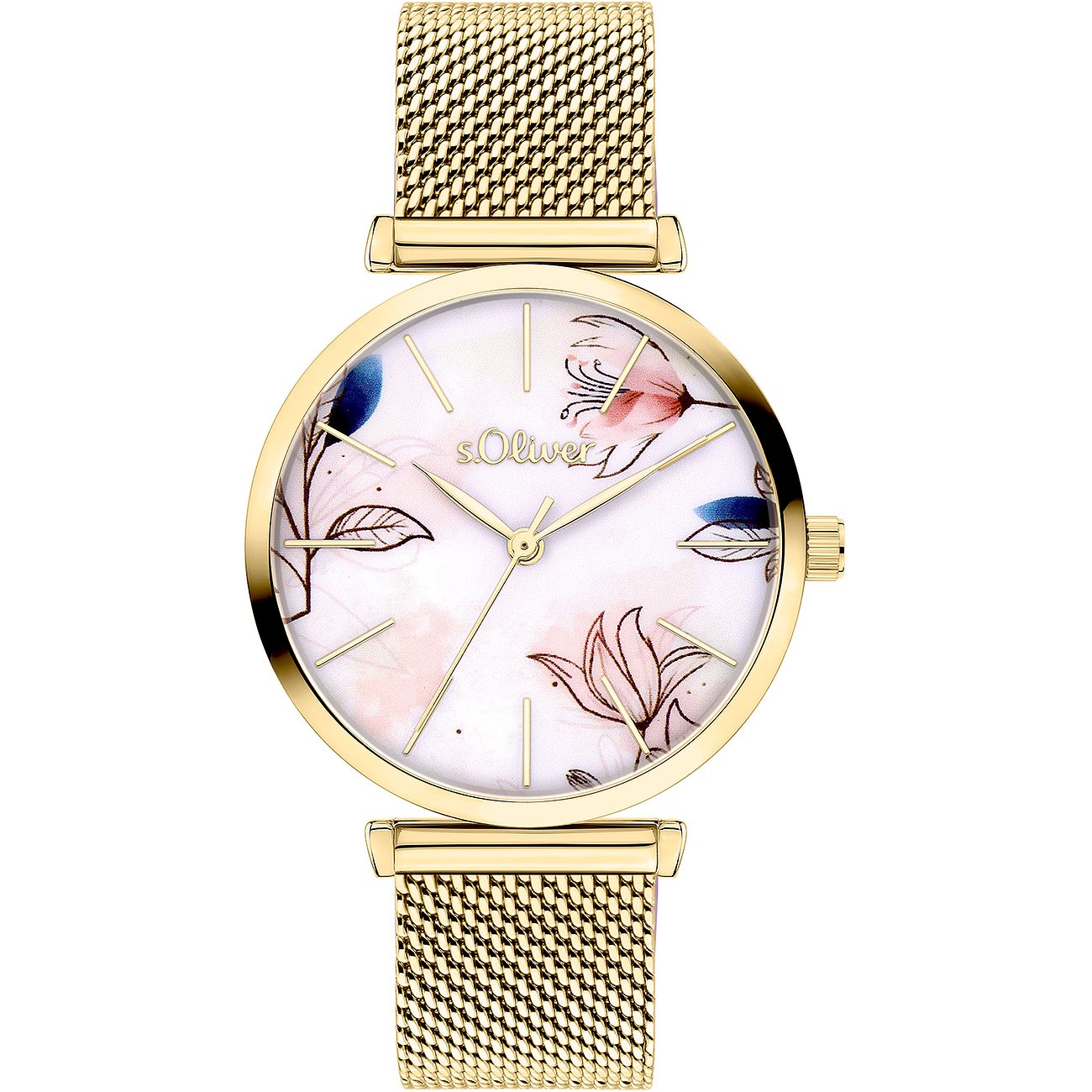 Montre femme s.Oliver en métal doré, motif floral sur cadran blanc et bracelet maille milanaise.