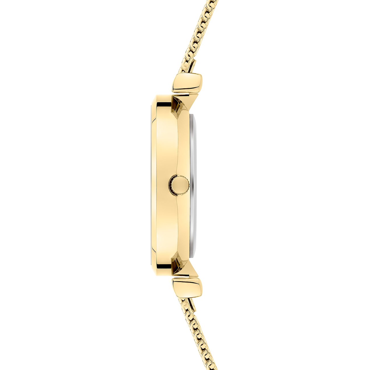 Vue latérale d'une montre femme s.Oliver dorée en métal, montrant son boîtier rond et son délicat bracelet.