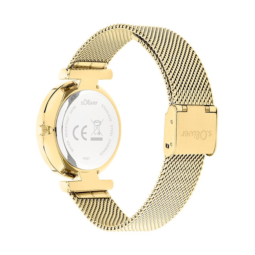 Vue arrière d'une montre femme s.Oliver dorée en métal avec gravures sur le boîtier et détail du fermoir.