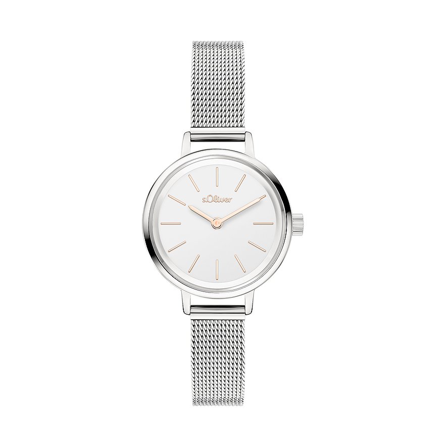 Orologio da donna s.Oliver in metallo argentato con quadrante bianco e dettagli in oro rosa, visto dall'alto.