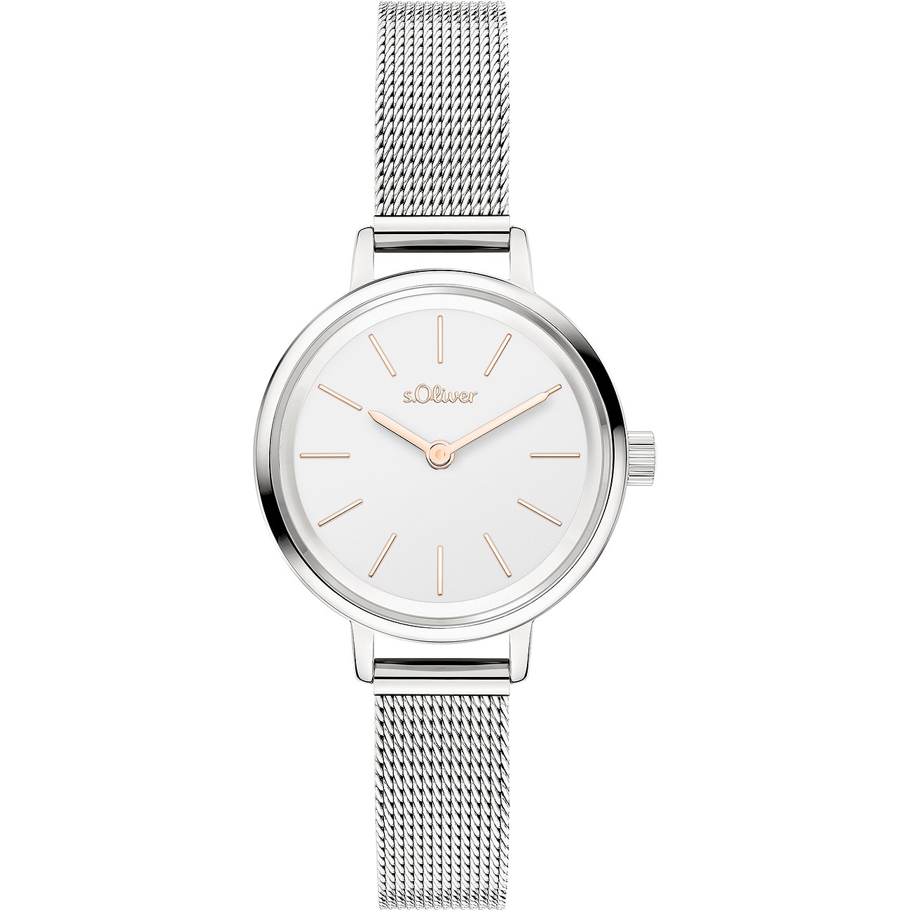 Orologio da donna s.Oliver in metallo argentato con quadrante bianco e dettagli in oro rosa, visto dall'alto.