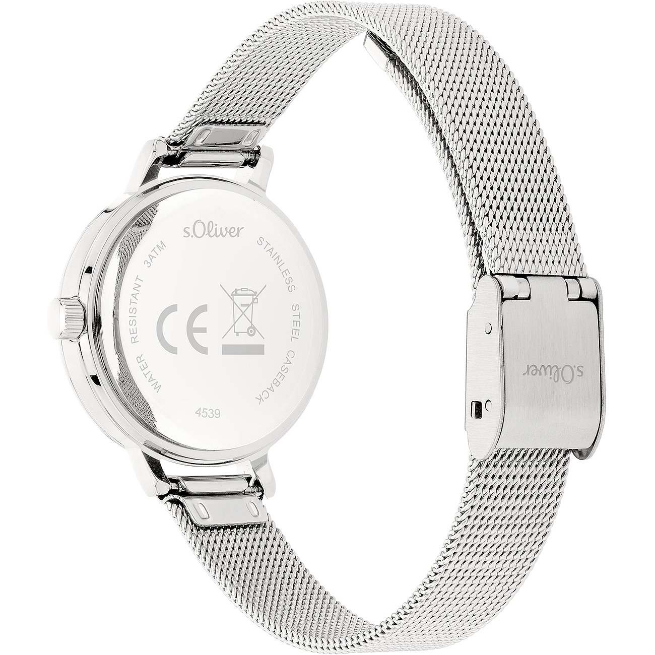 Retro di orologio da donna s.Oliver color argento in metallo con cinturino milanese a maglia fine e fondello inciso