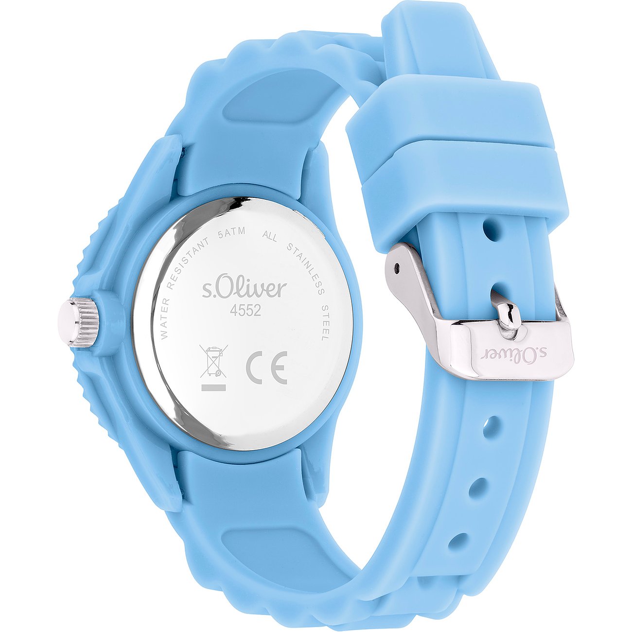 Achterkant van een s.Oliver dameshorloge van blauw plastic. De gesp heeft een metallic glans.