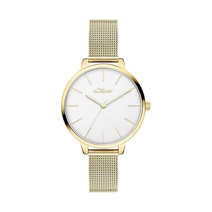 s.Oliver damklocka i guldfärgad metall med vit urtavla och fin Milanese-länk, liggandes frontalt.
