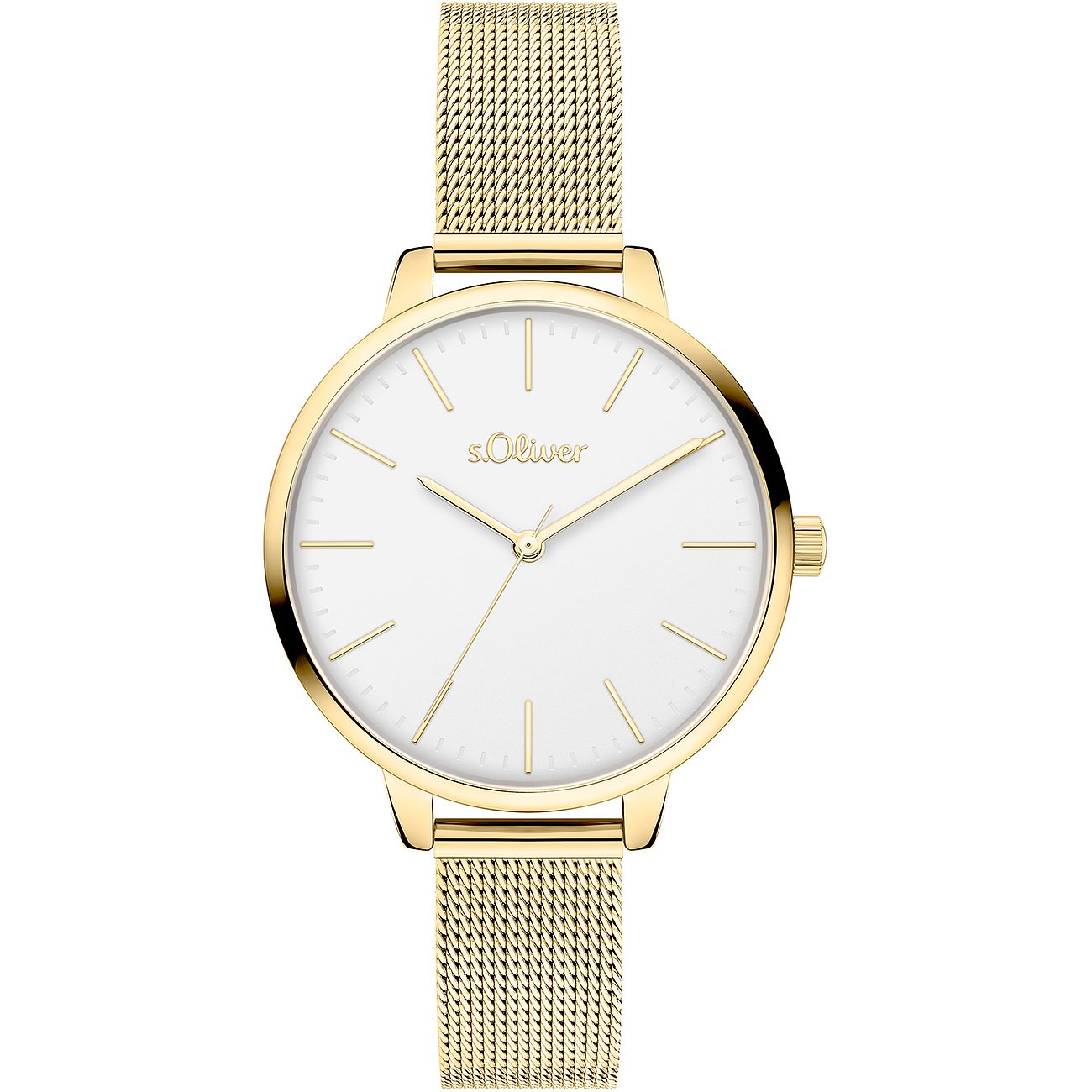 s.Oliver damklocka i guldfärgad metall med vit urtavla och fin Milanese-länk, liggandes frontalt.