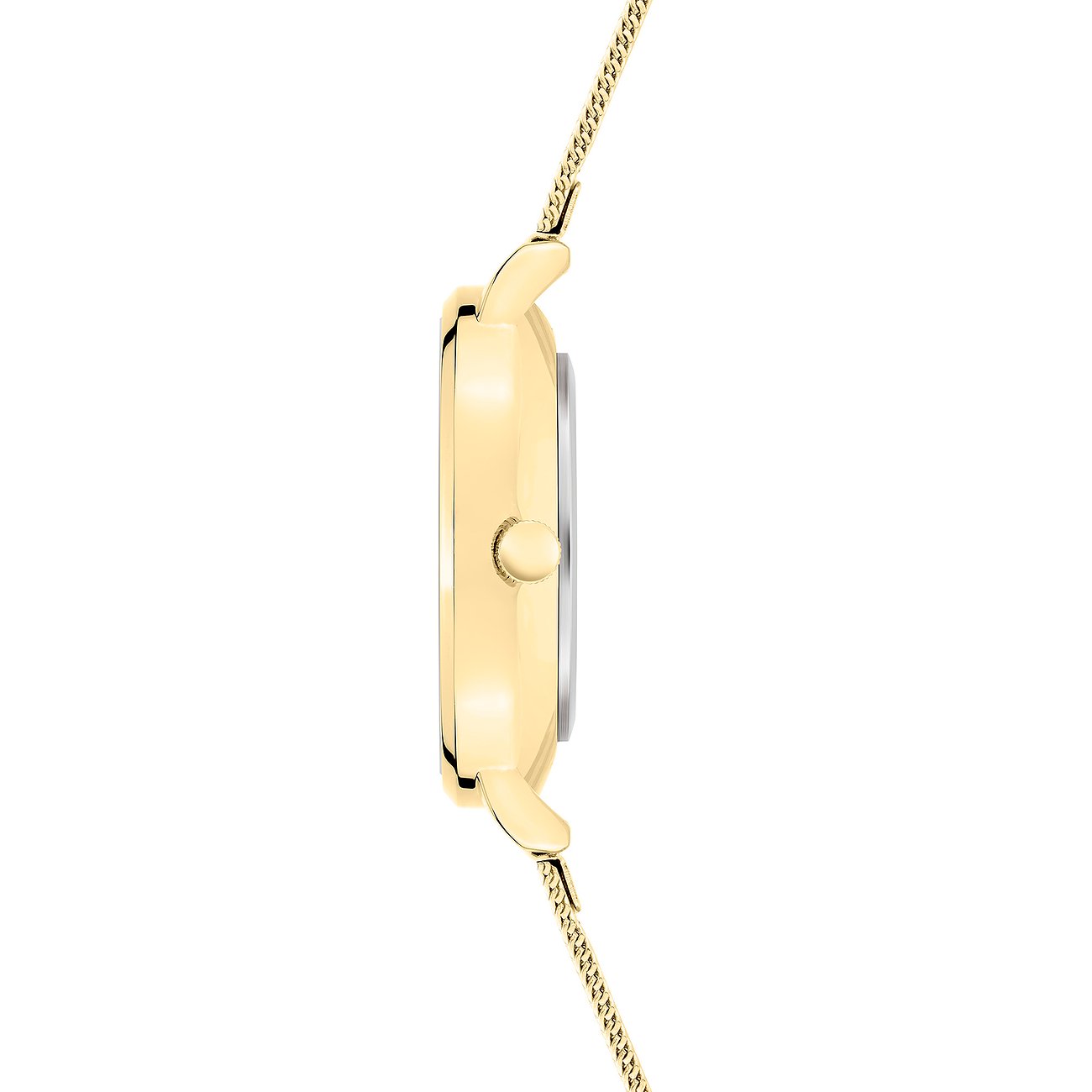 Sidovy av s.Oliver damklocka i guldfärgad metall med fint nätarmband och krona.