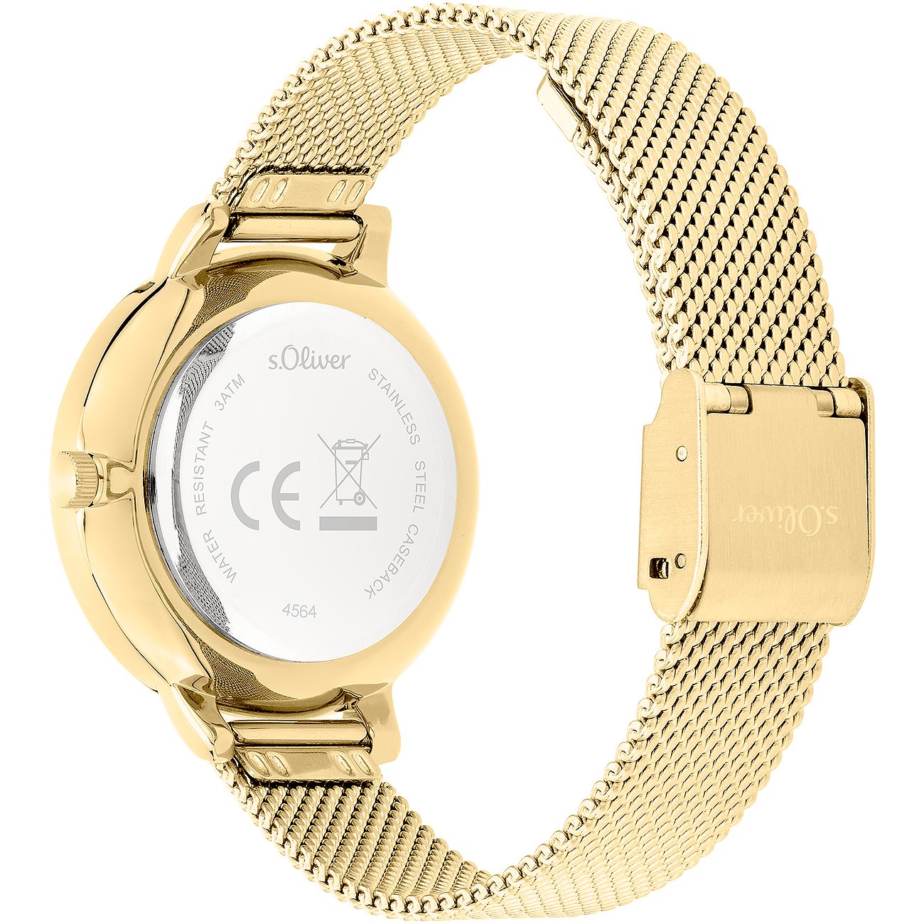 Baksida av en guldfärgad s.Oliver damklocka i metall med vit boettbaksida och guldfärgat mesharmband.