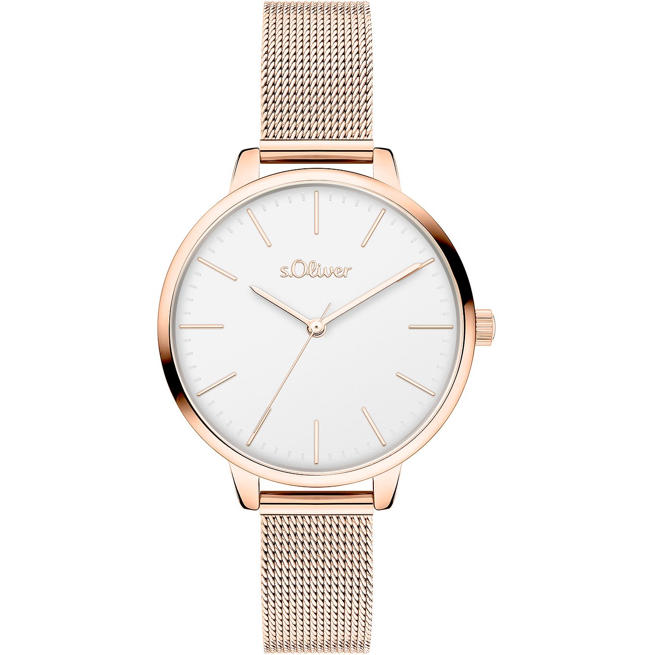 Montre femme s.Oliver en métal couleur or rose, cadran blanc et bracelet maille fine.