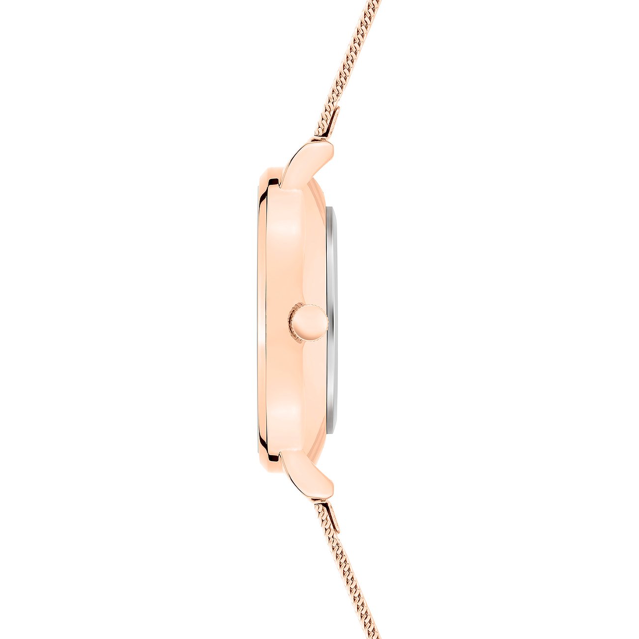 Vue latérale d'une montre femme s.Oliver en métal doré rose avec un bracelet fin assorti.