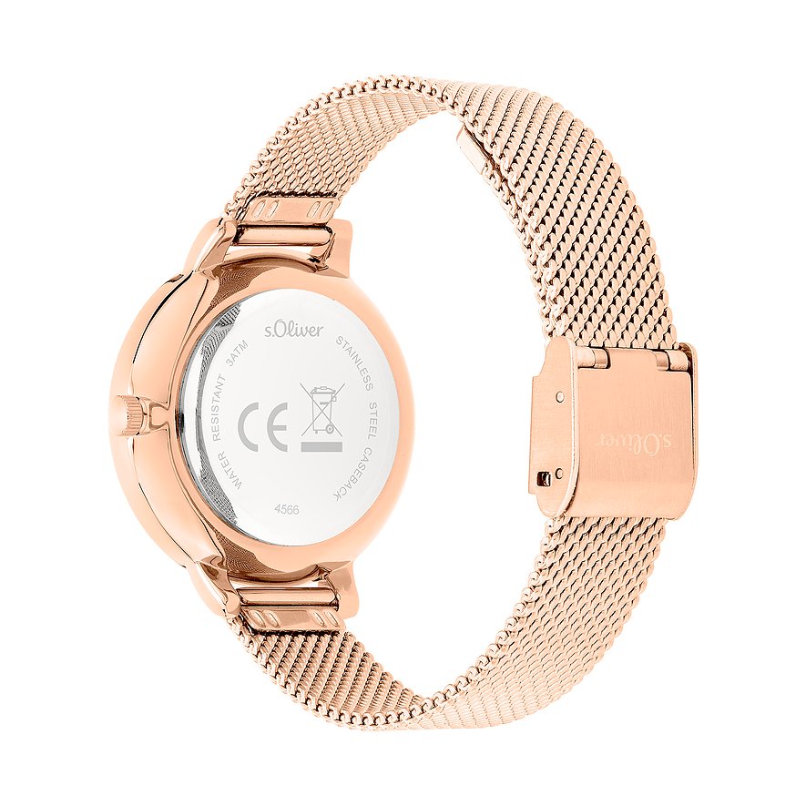 Vue arrière de la montre femme s.Oliver en métal or rose avec bracelet mesh et fond de boîtier gravé.