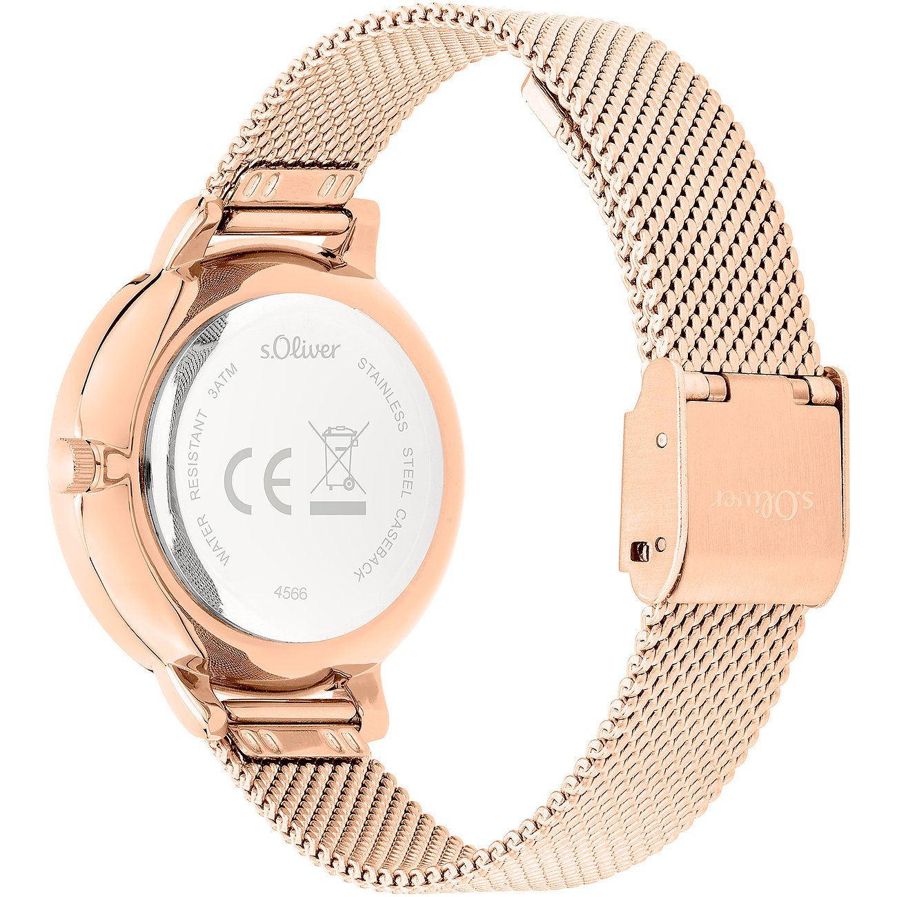 Vue arrière de la montre femme s.Oliver en métal or rose avec bracelet mesh et fond de boîtier gravé.