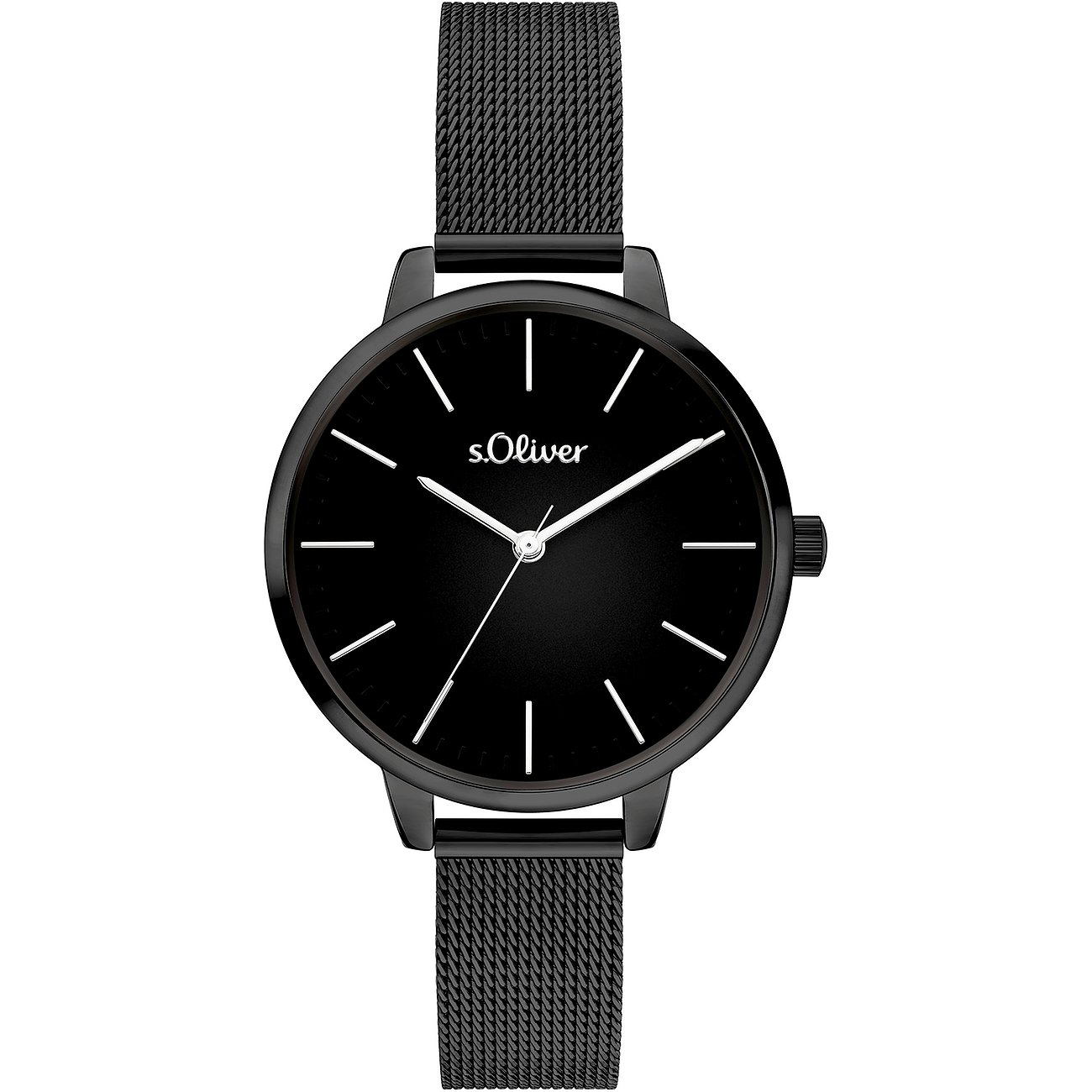 s.Oliver damklocka i svart metall med svart urtavla och svart meshrem.