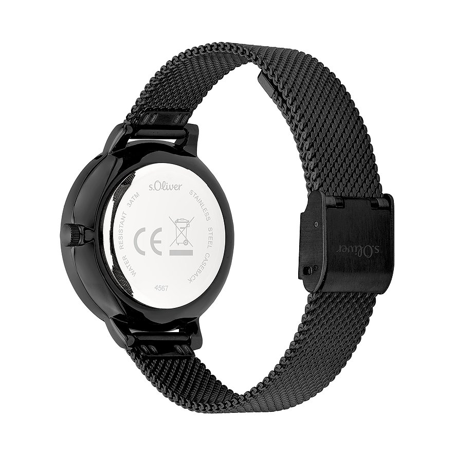 Baksida av s.Oliver damklocka i svart metall med synlig gravyr på boettlocket.