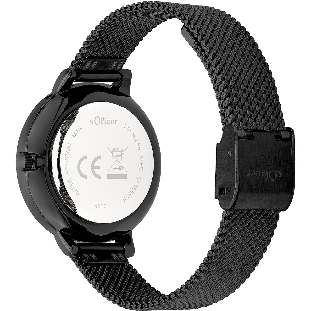 Baksida av s.Oliver damklocka i svart metall med synlig gravyr på boettlocket.