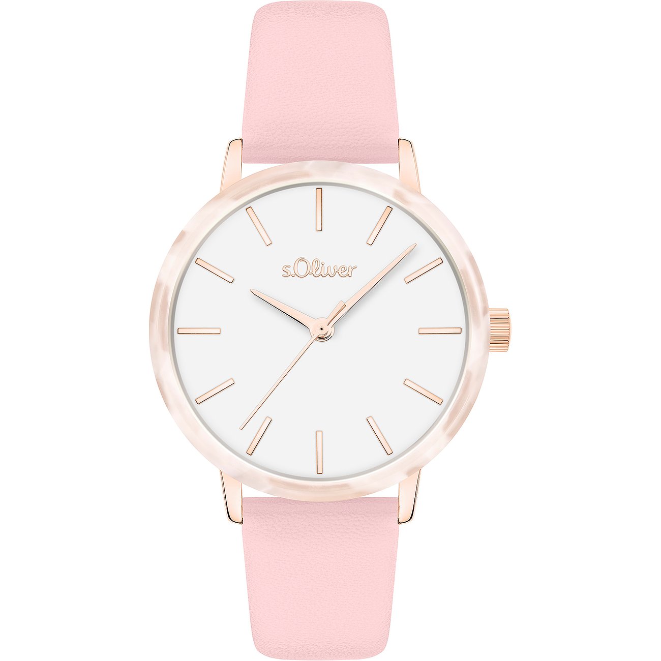 Montre femme s.Oliver en acétate et métal, bracelet rose clair et cadran blanc, vue de face.
