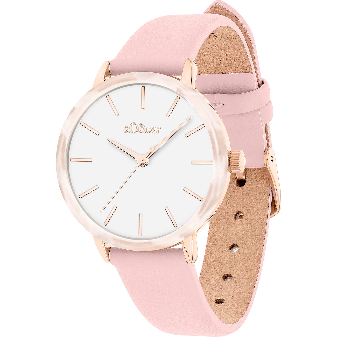Montre femme s.Oliver en acétate et métal avec cadran rond clair et bracelet rose.