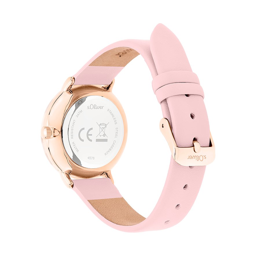 Vue arrière de la montre femme s.Oliver avec boîtier en métal or rose et bracelet en acétate rose