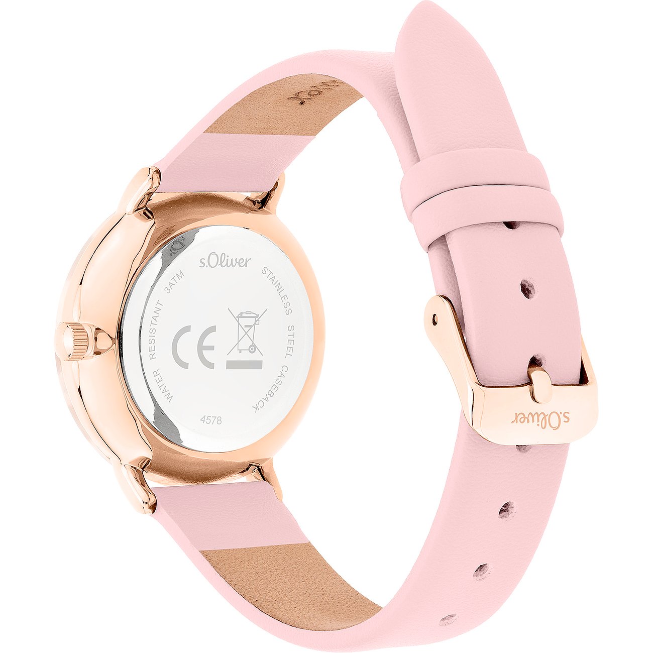 Vue arrière de la montre femme s.Oliver avec boîtier en métal or rose et bracelet en acétate rose