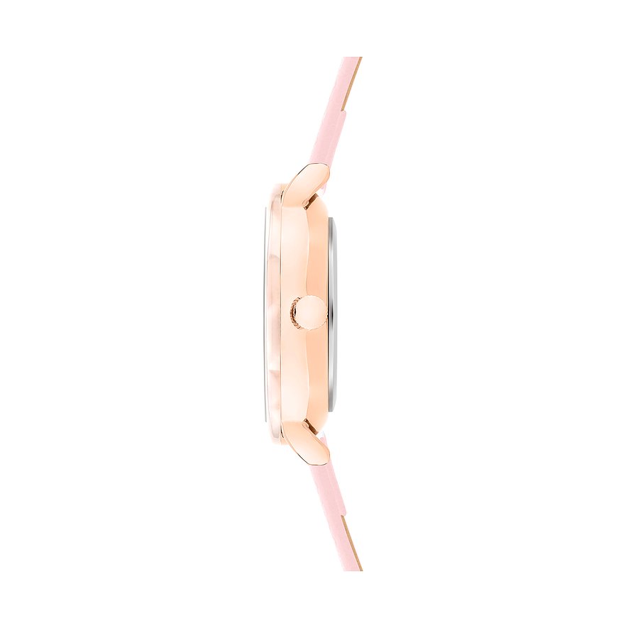 Vue latérale de la montre femme s.Oliver avec boîtier en métal or rose et bracelet en acétate rose.
