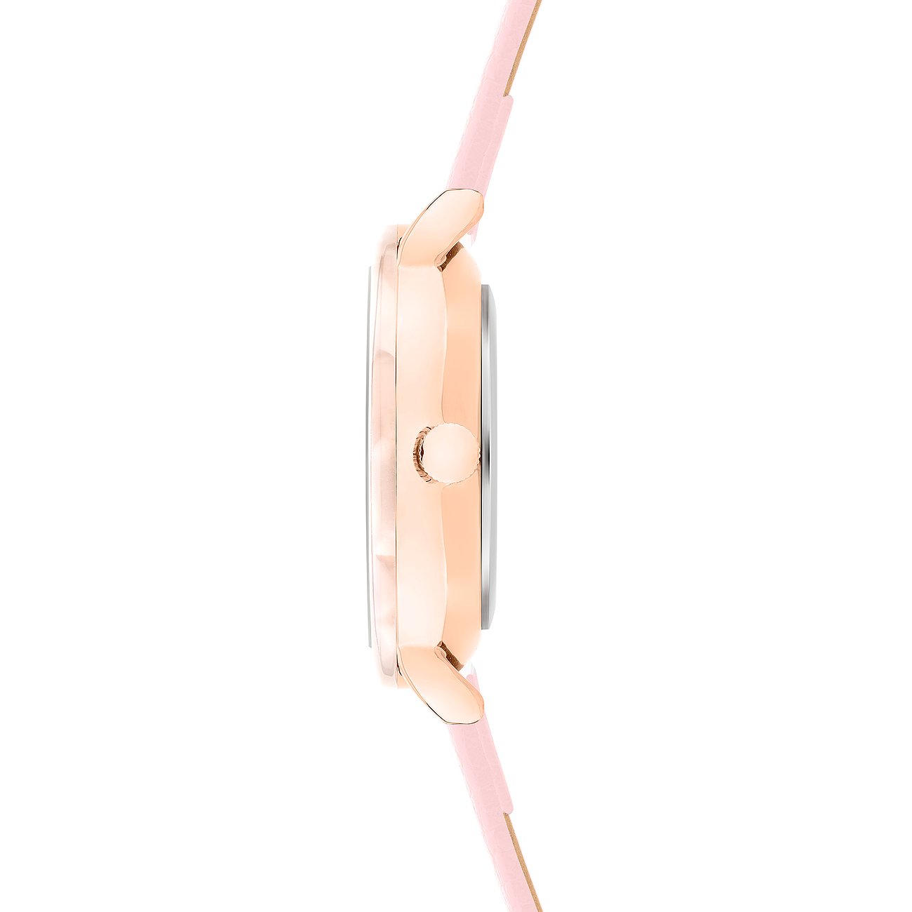 Vue latérale de la montre femme s.Oliver avec boîtier en métal or rose et bracelet en acétate rose.