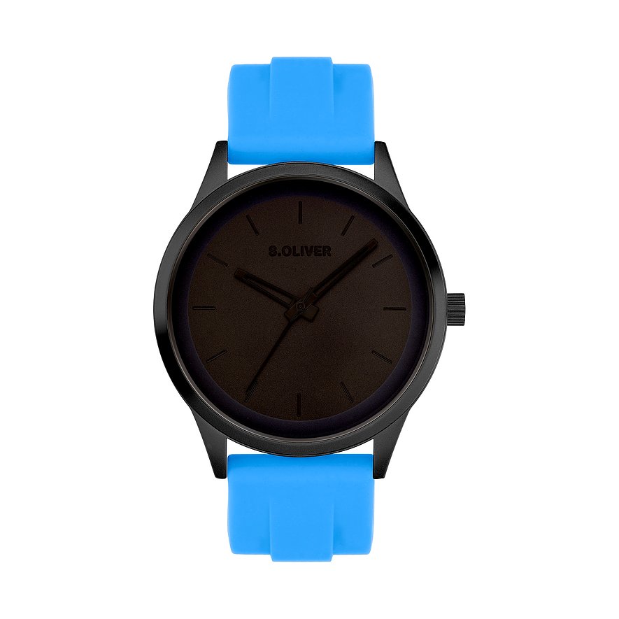 s.Oliver Herrenuhr aus schwarzem Metall mit rundem Zifferblatt und leuchtend blauem Uhrenarmband.