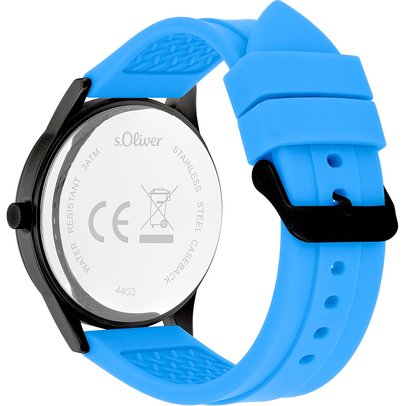 Rückansicht der s.Oliver Herrenuhr aus blauem Metall mit schwarzer Schnalle und graviertem Gehäuseboden.