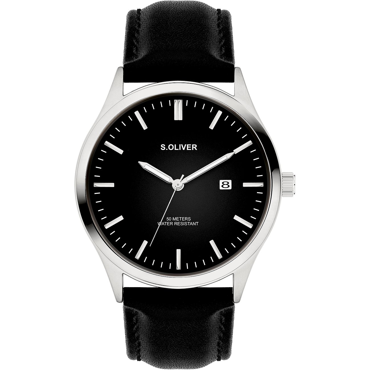 s.Oliver Herrenuhr aus Metall mit schwarzem Zifferblatt und schwarzem Armband auf weißem Hintergrund.