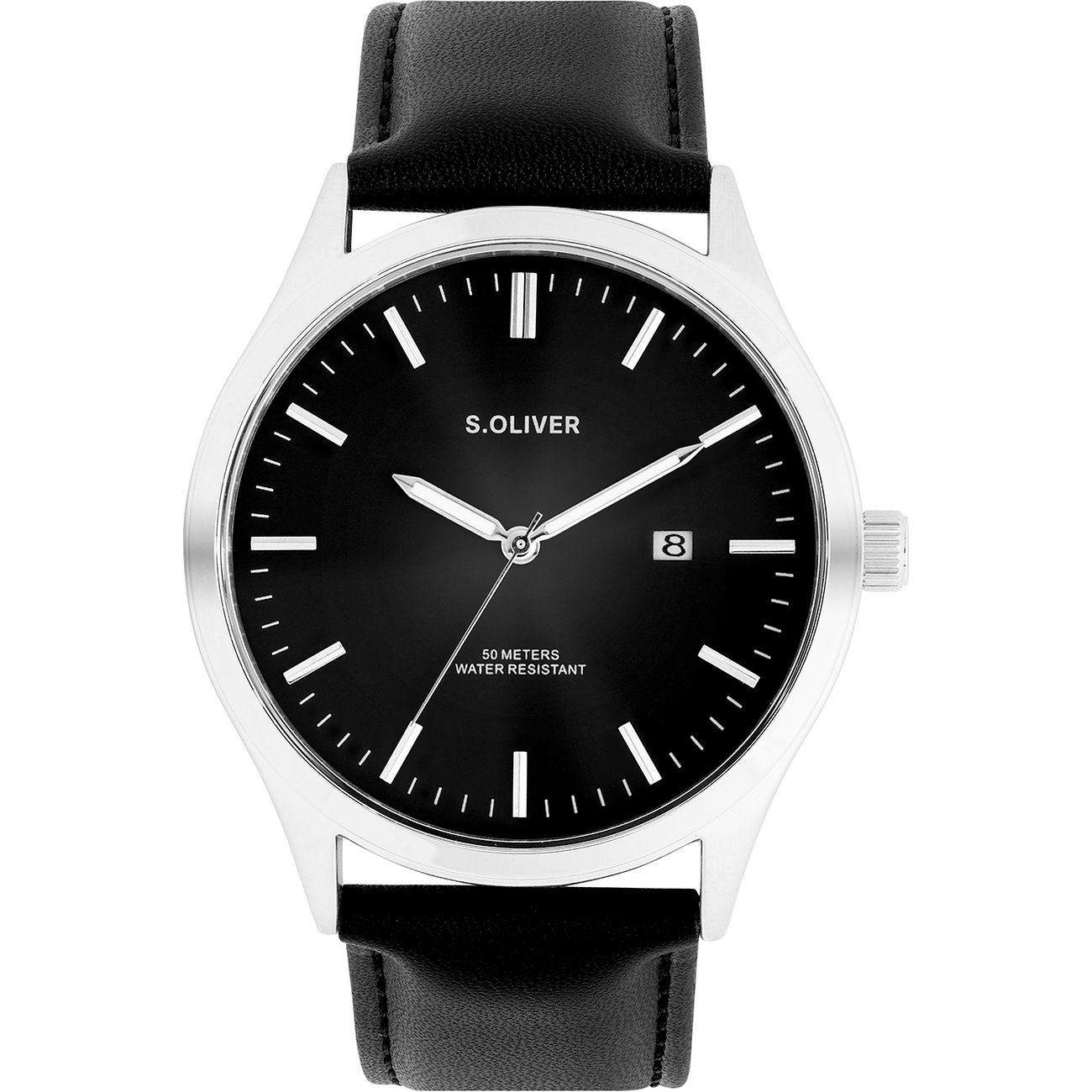 s.Oliver Herrenuhr aus Metall mit schwarzem Zifferblatt und schwarzem Lederarmband, von oben betrachtet.