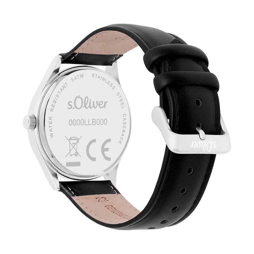 Rückansicht der s.Oliver Herrenuhr aus Metall mit schwarzem Lederarmband und Dornschließe.