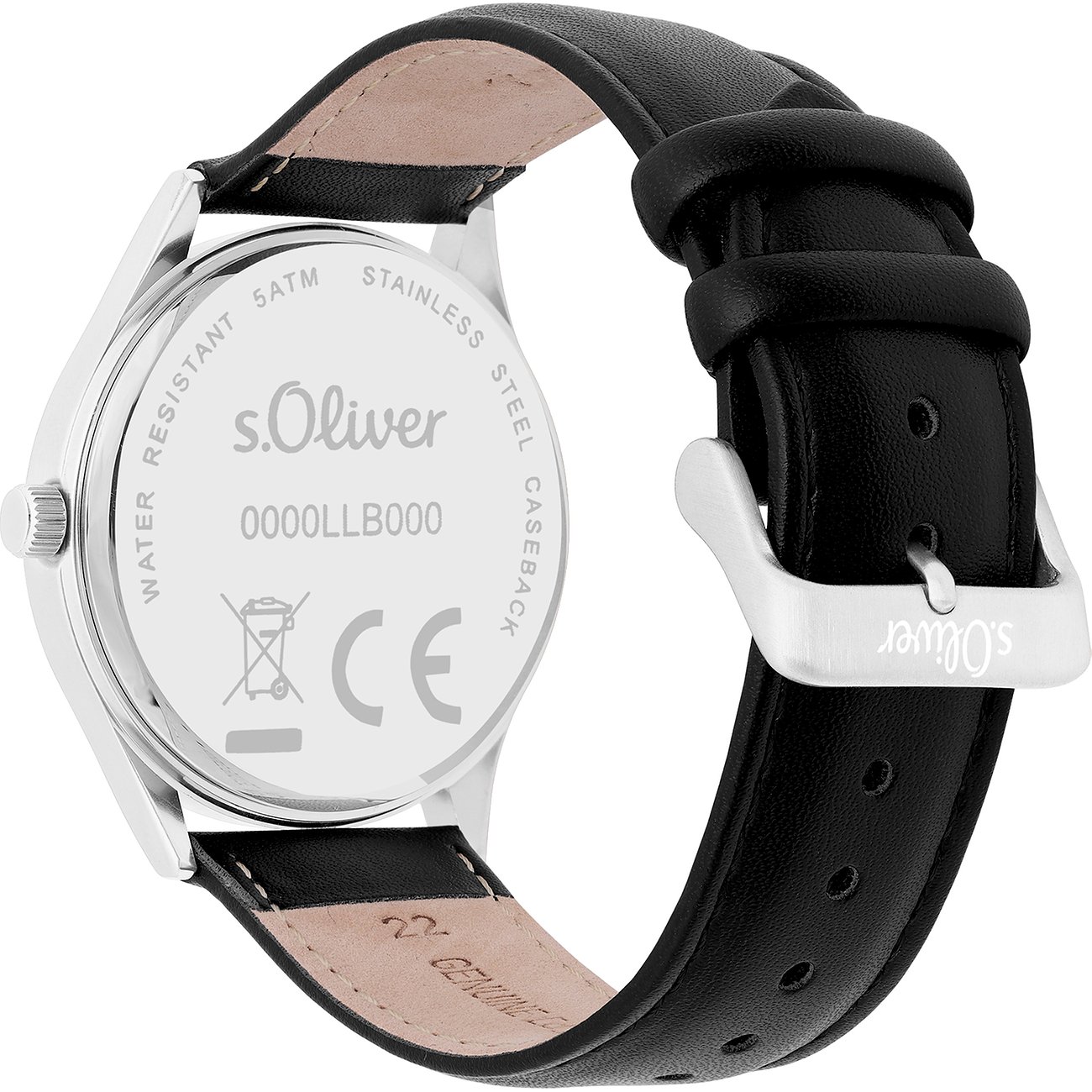 Rückansicht der s.Oliver Herrenuhr aus Metall mit schwarzem Lederarmband und Dornschließe.