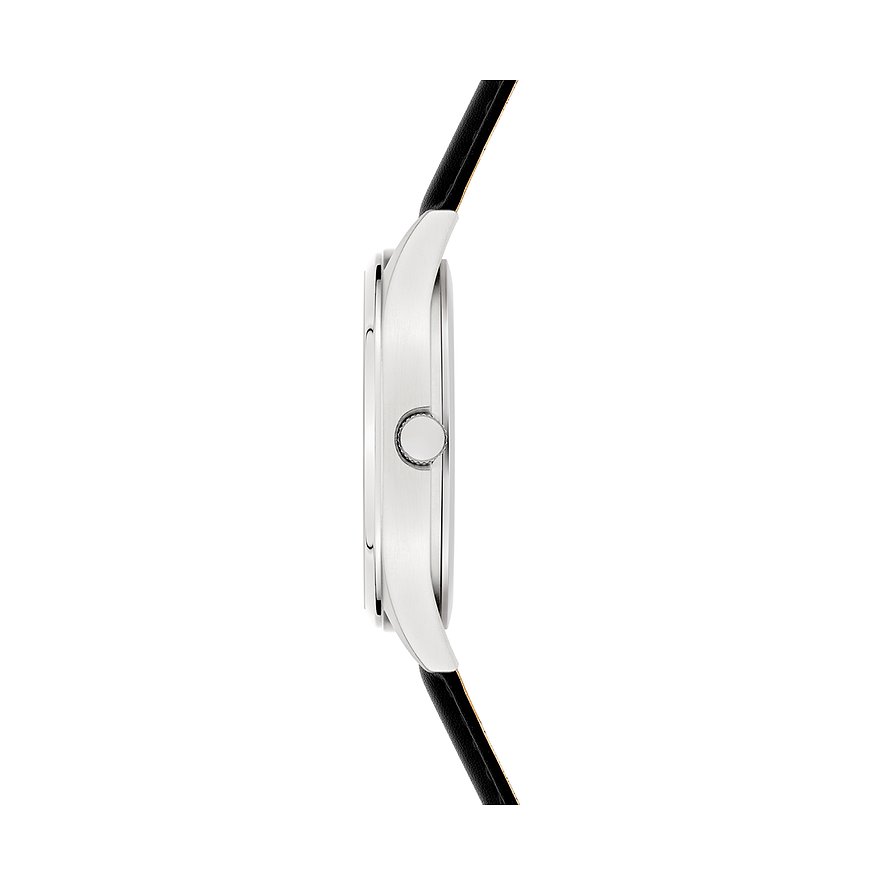 Seitenansicht der s.Oliver Herrenuhr aus Metall mit schwarzem Armband und silbernem Gehäuse.