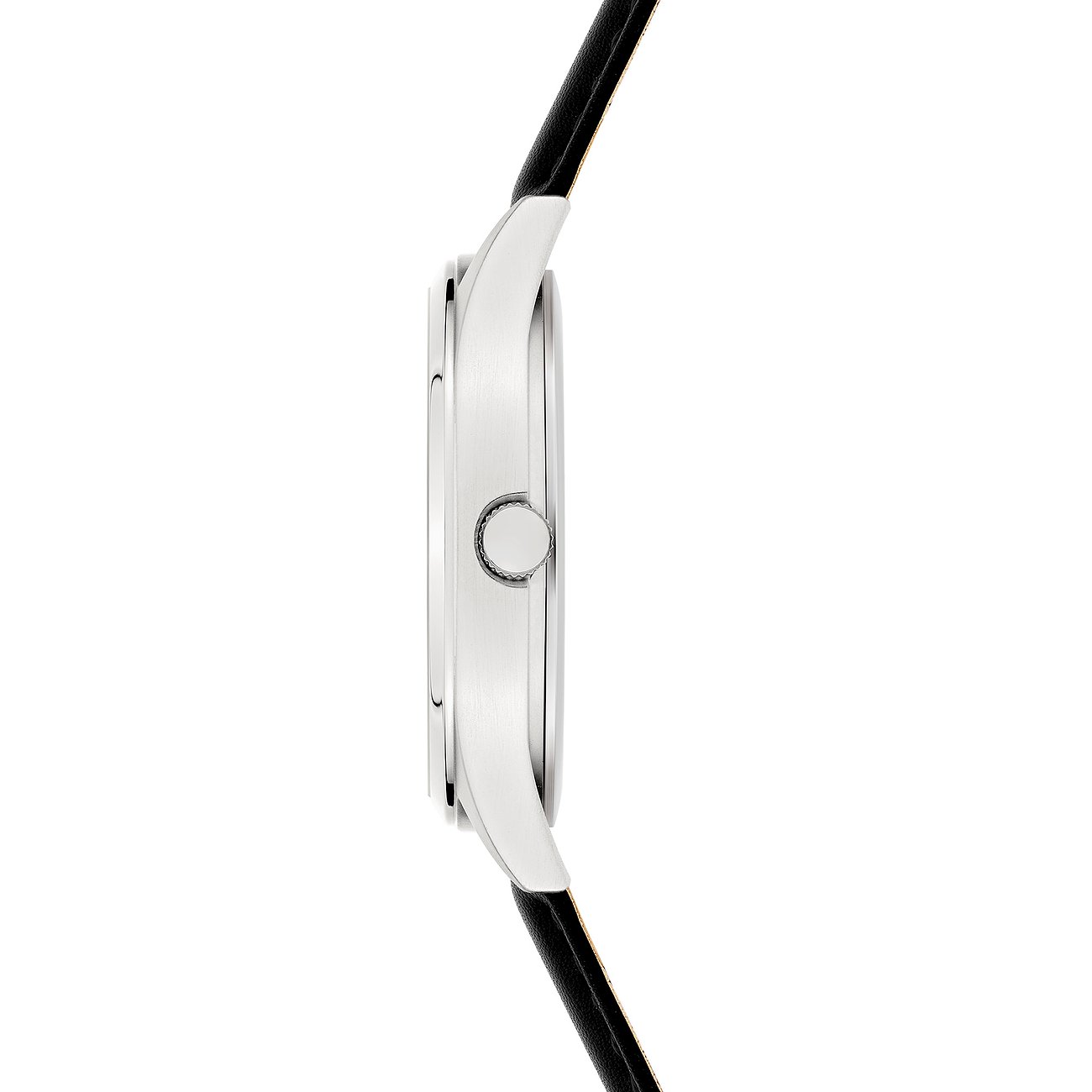 Seitenansicht der s.Oliver Herrenuhr aus Metall mit schwarzem Armband und silbernem Gehäuse.