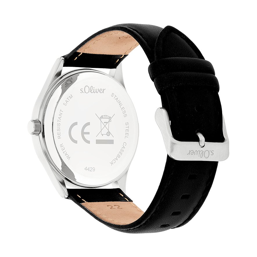 Rückseite einer s.Oliver Herrenuhr aus blauem Metall, mit schwarzem Lederarmband und spiegelndem Gehäuse.